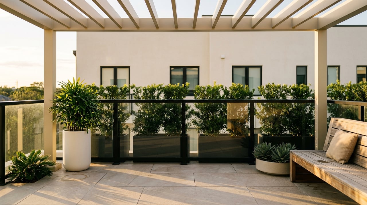 Rooftop terrace with glass railing, pergola slats, teak bench, and planters of palms and agaves.