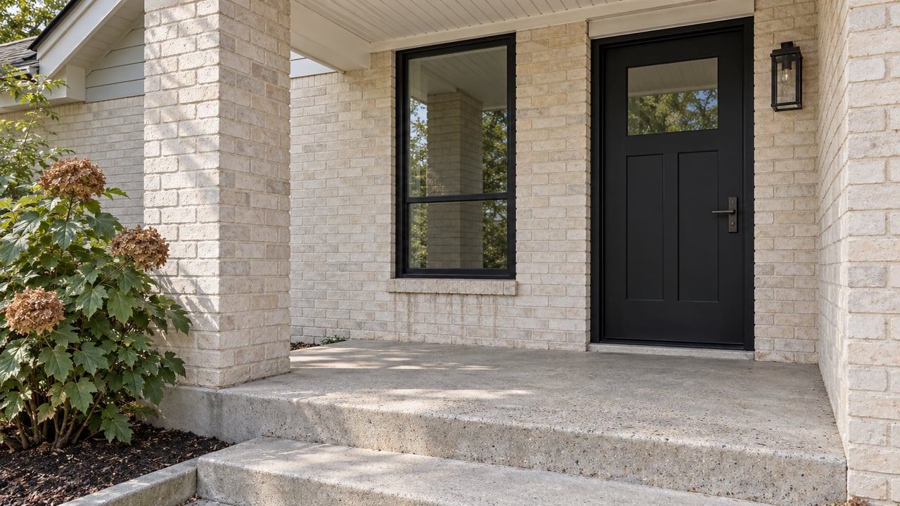 Covered entry with ivory brick, pale siding, a black glazed door, concrete steps and oakleaf hydrangea.