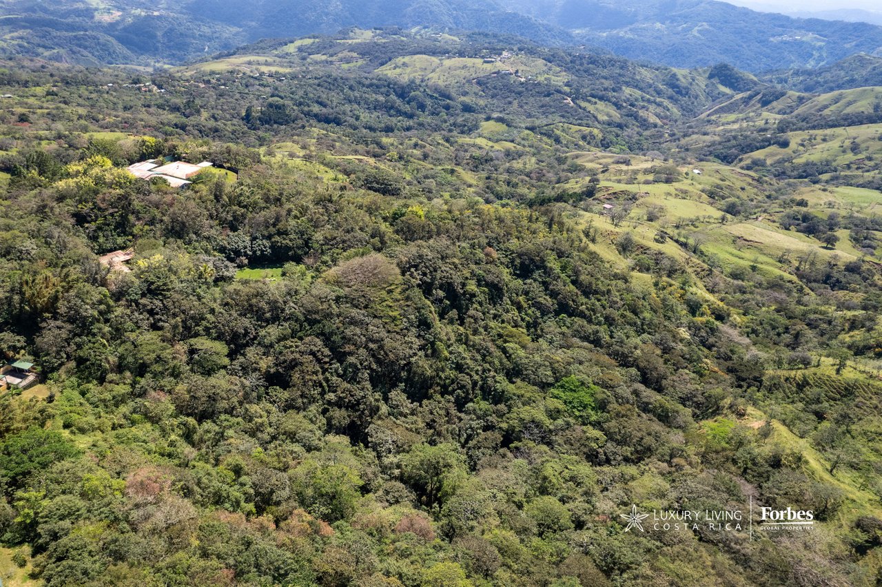 Aerial view of a wooded mountain property surrounded by green hills and distant ridgelines.