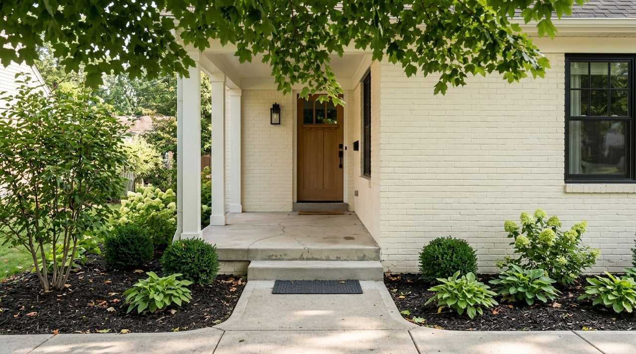 Walkway leading to a covered porch entry beneath trees.