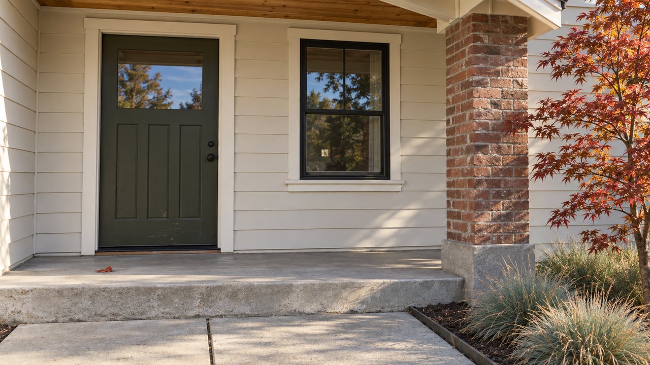 A dark olive front door and black-framed window sit beneath a gabled porch, beside a brick pier and copper-red leaves.