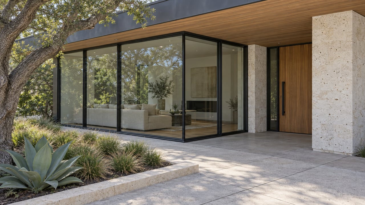 Modern home's glazed corner and cedar entry beside pale limestone, concrete terrace paving, and a planted bed beneath an oak.