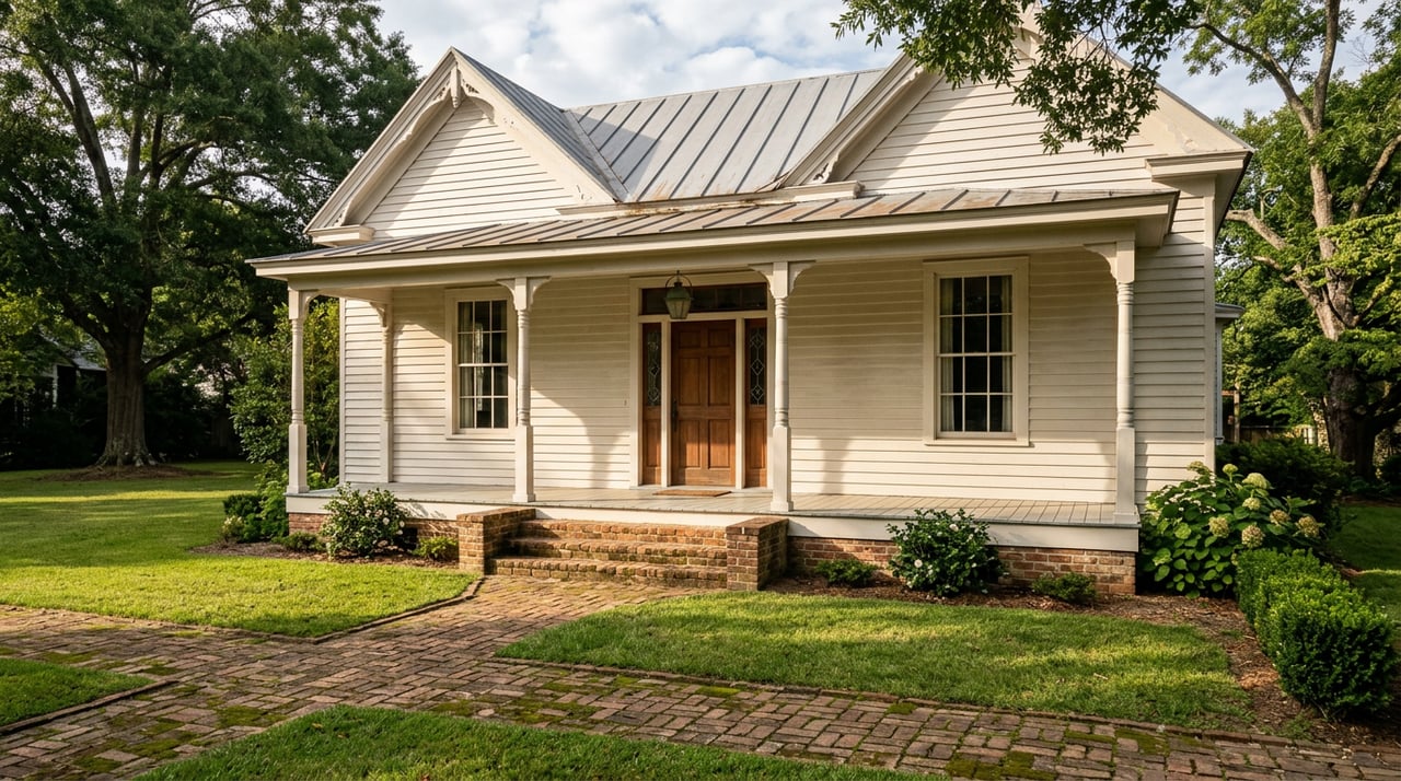 Warm-white cottage with a steep cross-gabled roof, covered porch, brick steps, and a walkway through the lawn.