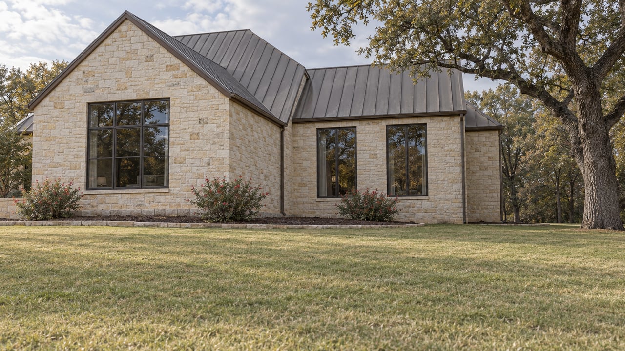 Limestone home with a standing-seam metal roof, bronze-framed windows and a mature oak overlooking a broad autumn lawn.