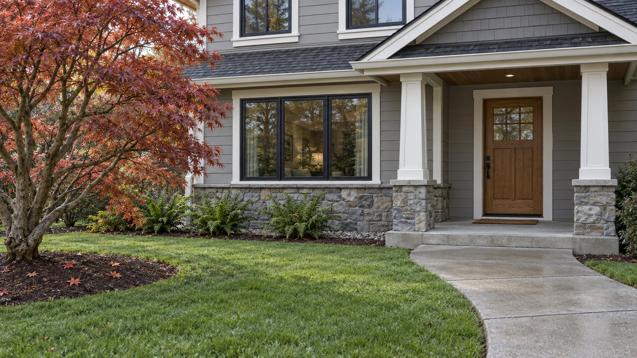 Gray house front with a covered porch, stone base, wooden door, and autumn maple.