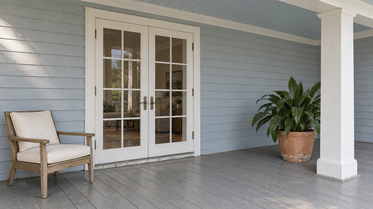 Pale blue-gray siding and closed French doors on a raised porch with gray floorboards, a teak chair, and a potted cast-iron plant.