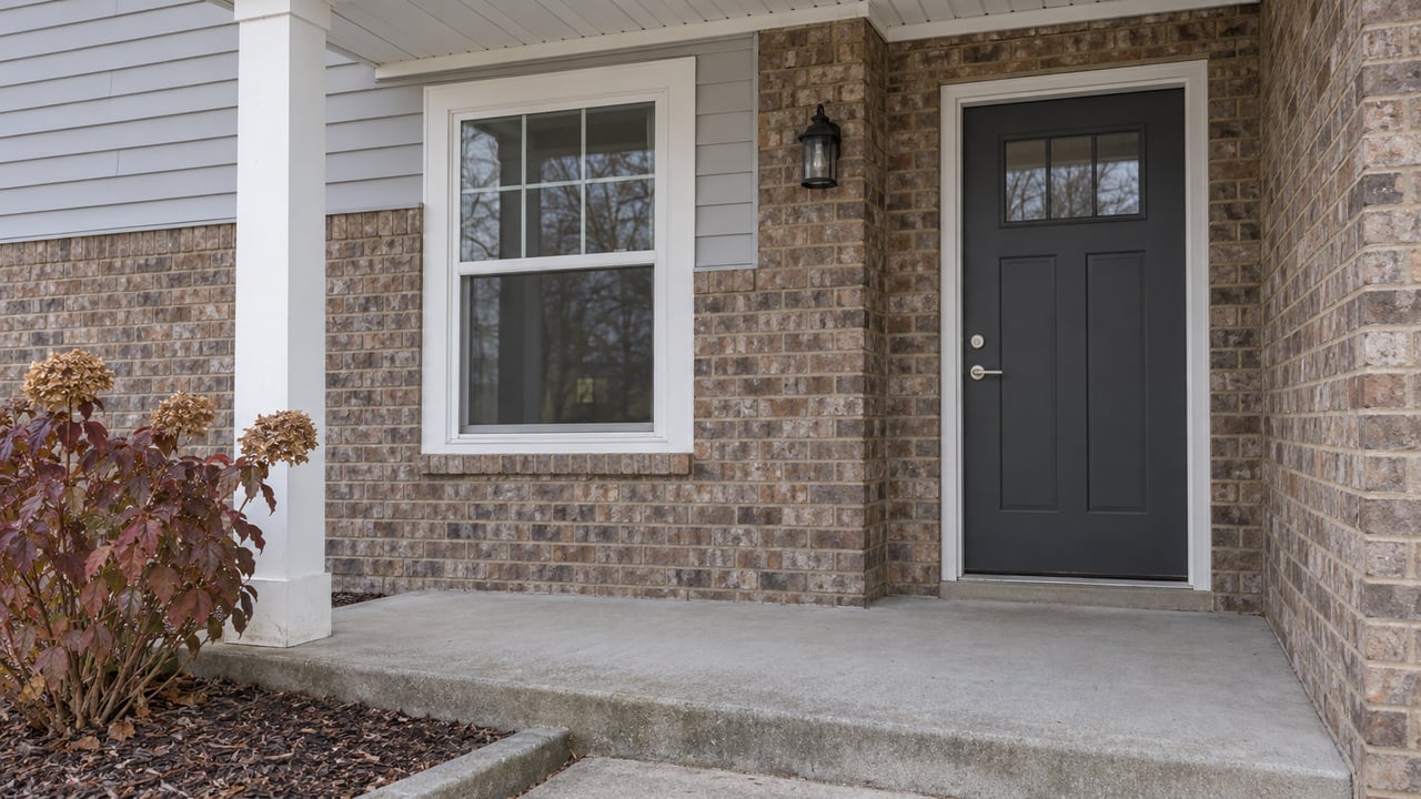 Brick home entry with a charcoal door, white-trimmed window and autumn oakleaf hydrangea beside a concrete porch.