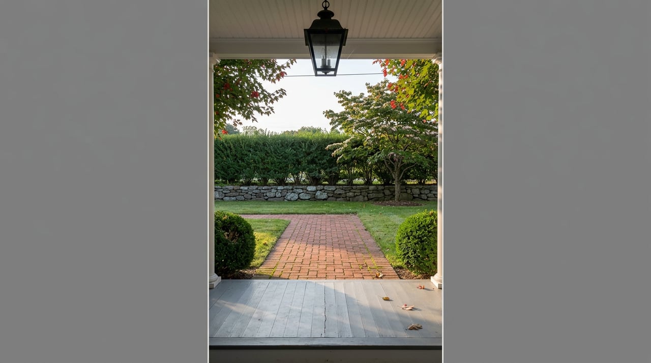 Brick walkway crosses a green lawn toward a stone wall and hedge, with a dogwood showing hints of red.