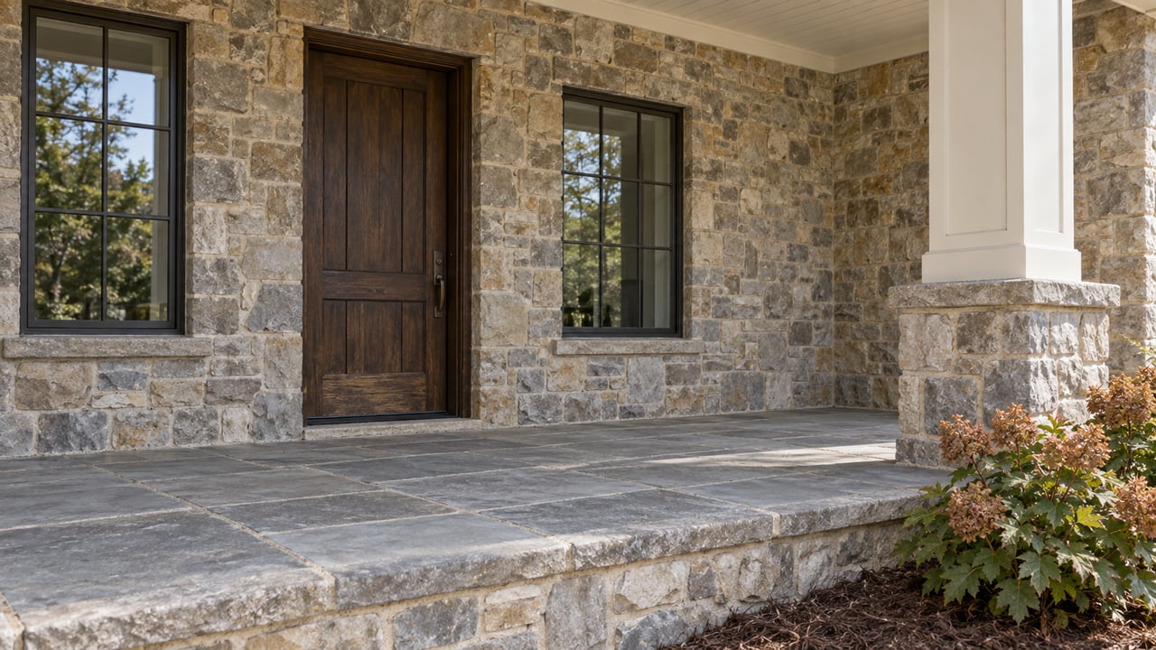 Stone-clad residential entry with an oak door, dark-framed windows, gray flagstone porch and oakleaf hydrangeas beside a raised stone edge.