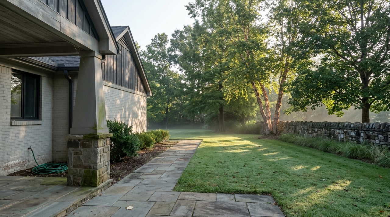 Backyard lawn bordered by a fieldstone wall and river birch trees, seen from a flagstone patio.
