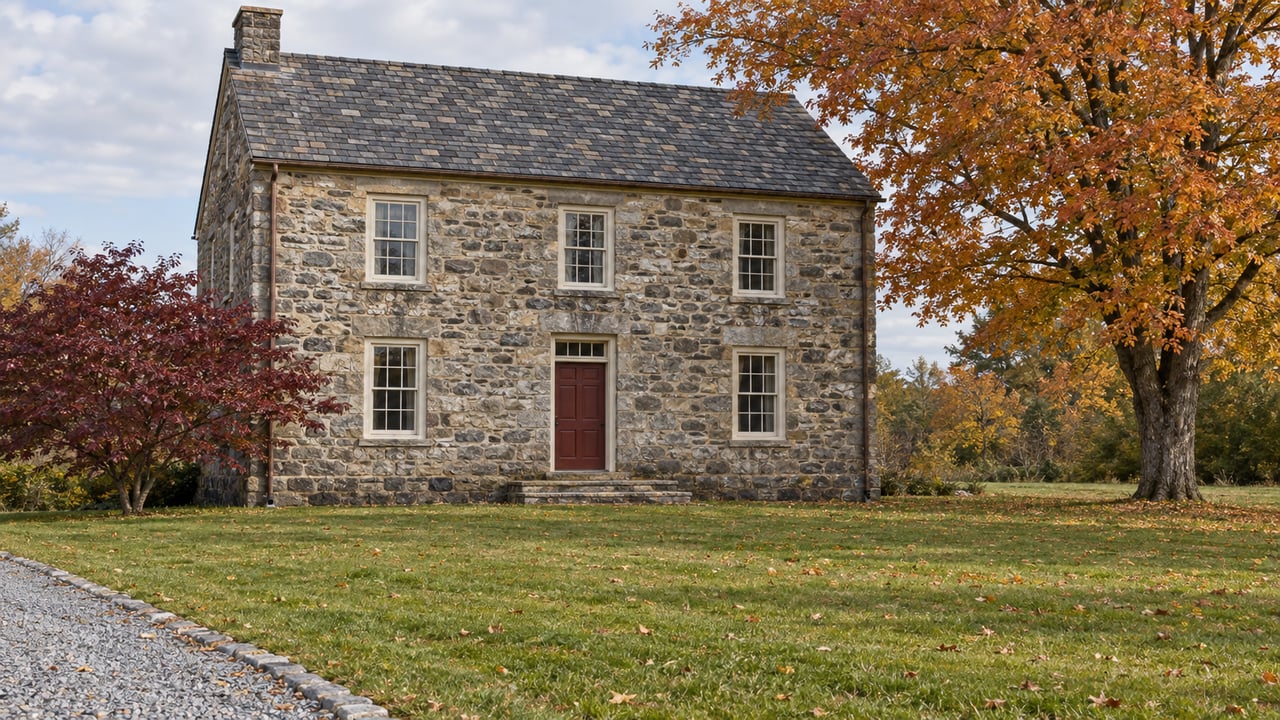 Fieldstone farmhouse with a slate roof, ivory sash windows and a recessed red door beyond a broad autumn lawn and gravel approach.