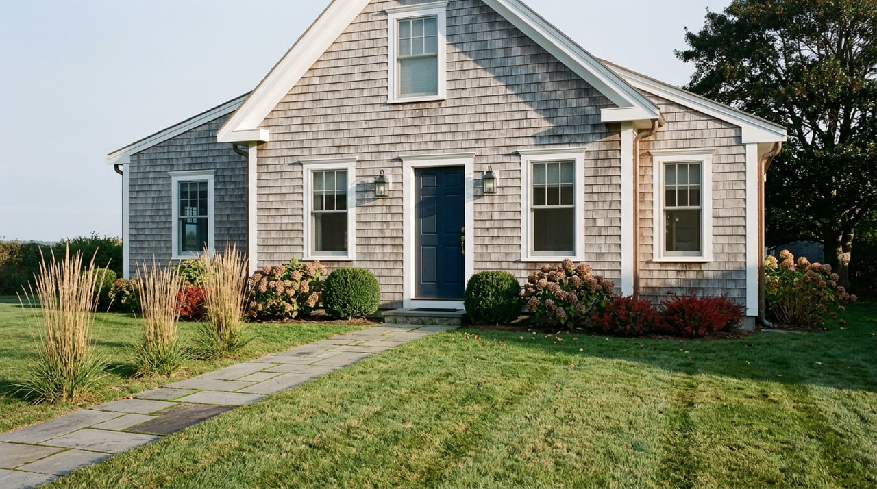 Silvered shingle coastal home with navy door, bluestone path, clipped boxwoods, and a mature holly tree.