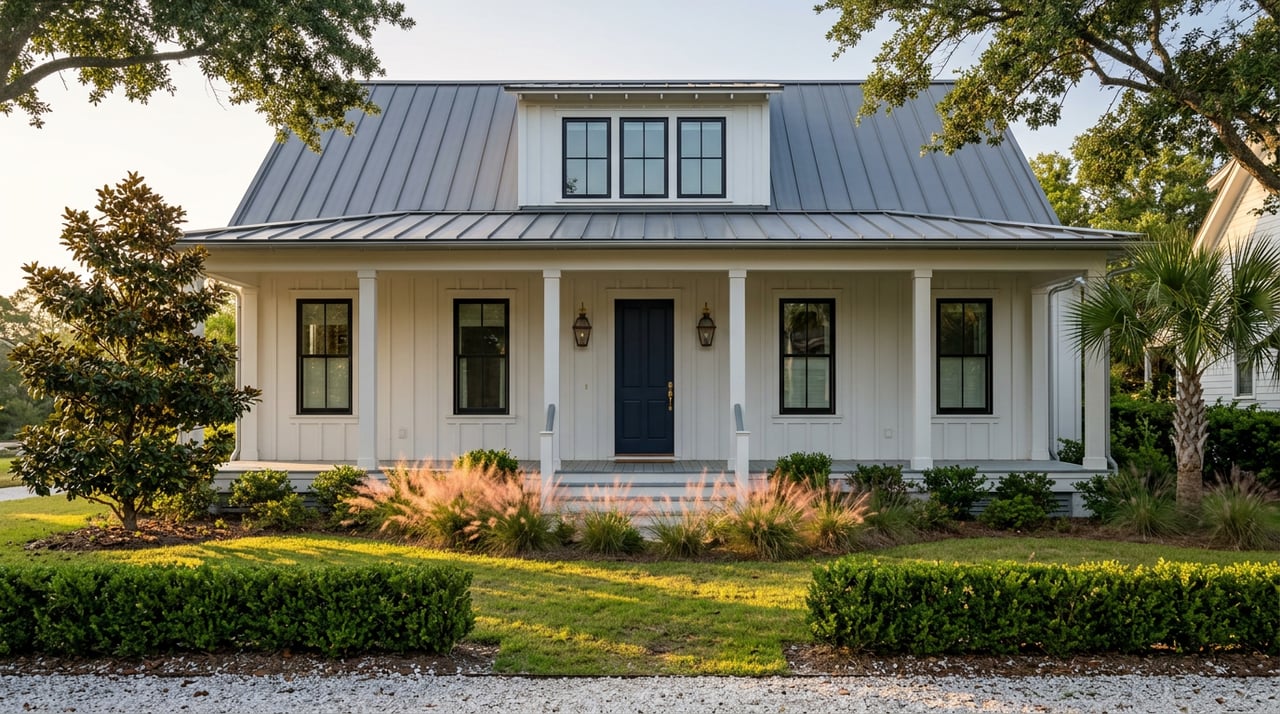 White two-story coastal cottage with a navy door, full-width porch, magnolia, palm, and shell path.