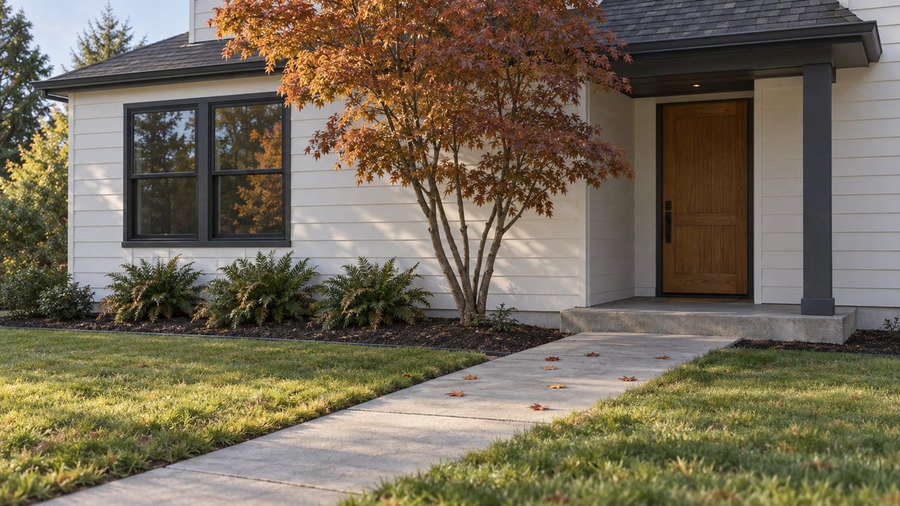 Warm-white Craftsman entry with oak door, paired windows, and a copper-leaved tree beside the lawn.