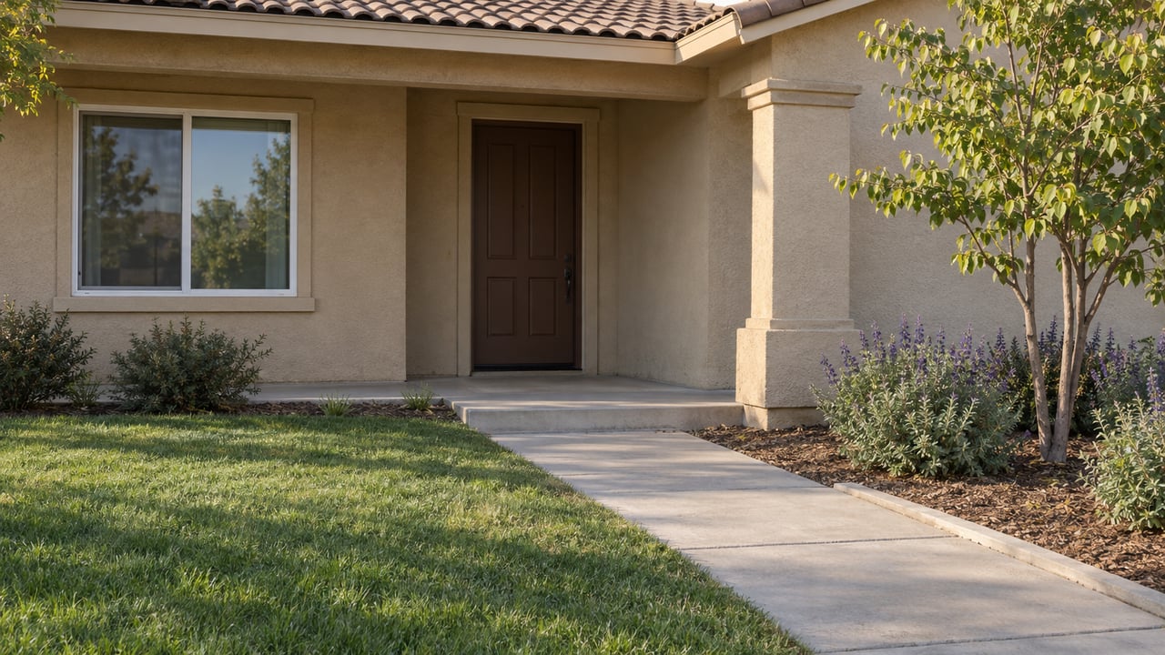 Sunlit stucco home entrance with a concrete walkway, brown tile roof, western redbud and three Cleveland sage plants.