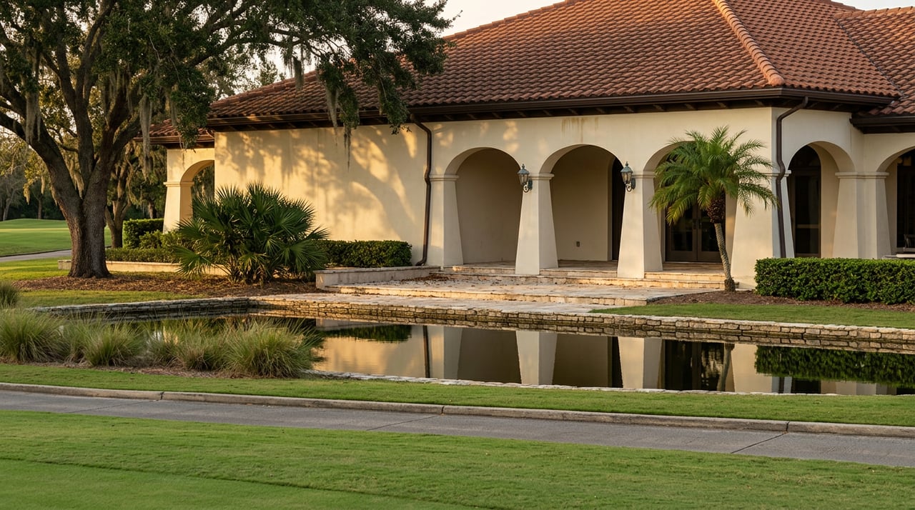 Stucco clubhouse with arched loggia and terracotta roof beyond a reflecting pond, framed by a live oak.