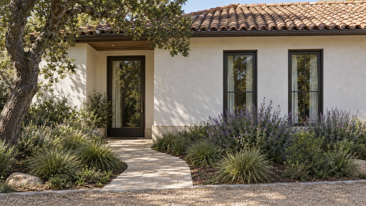 Off-white stucco backyard dwelling with a tiled gable roof, dark entry door, tall windows, and a curving garden path.