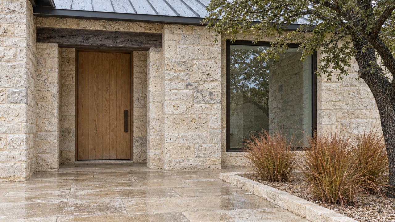 Limestone home entry with an oak door, bronze-framed window and autumn grasses beside a live oak.