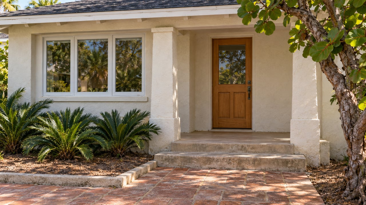 Sunlit ivory cottage porch with a timber door, terracotta approach and sculptural sea grape beside the entry.