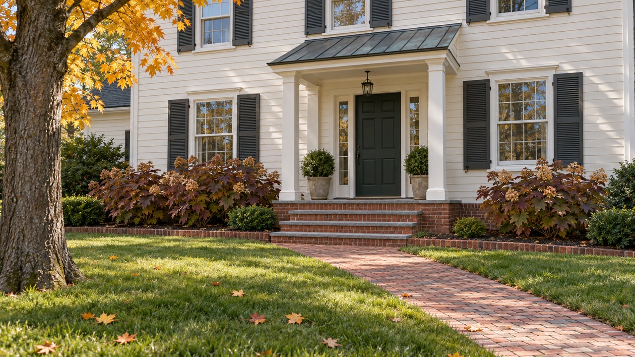 Ivory clapboard home with brick foundation, green front door, and a brick approach beside an autumn maple.