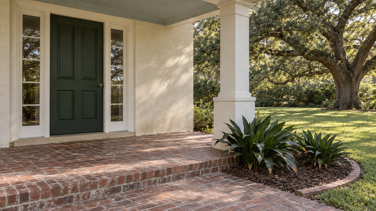 Traditional covered entry with a deep-green door, white sidelights and weathered brick paving beside a lawn and mature live oak.