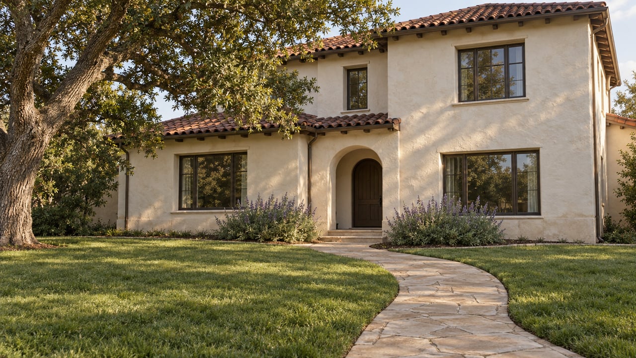 Detached ivory stucco house with a recessed arched entry, curved sandstone path, lawn, and mature oak.