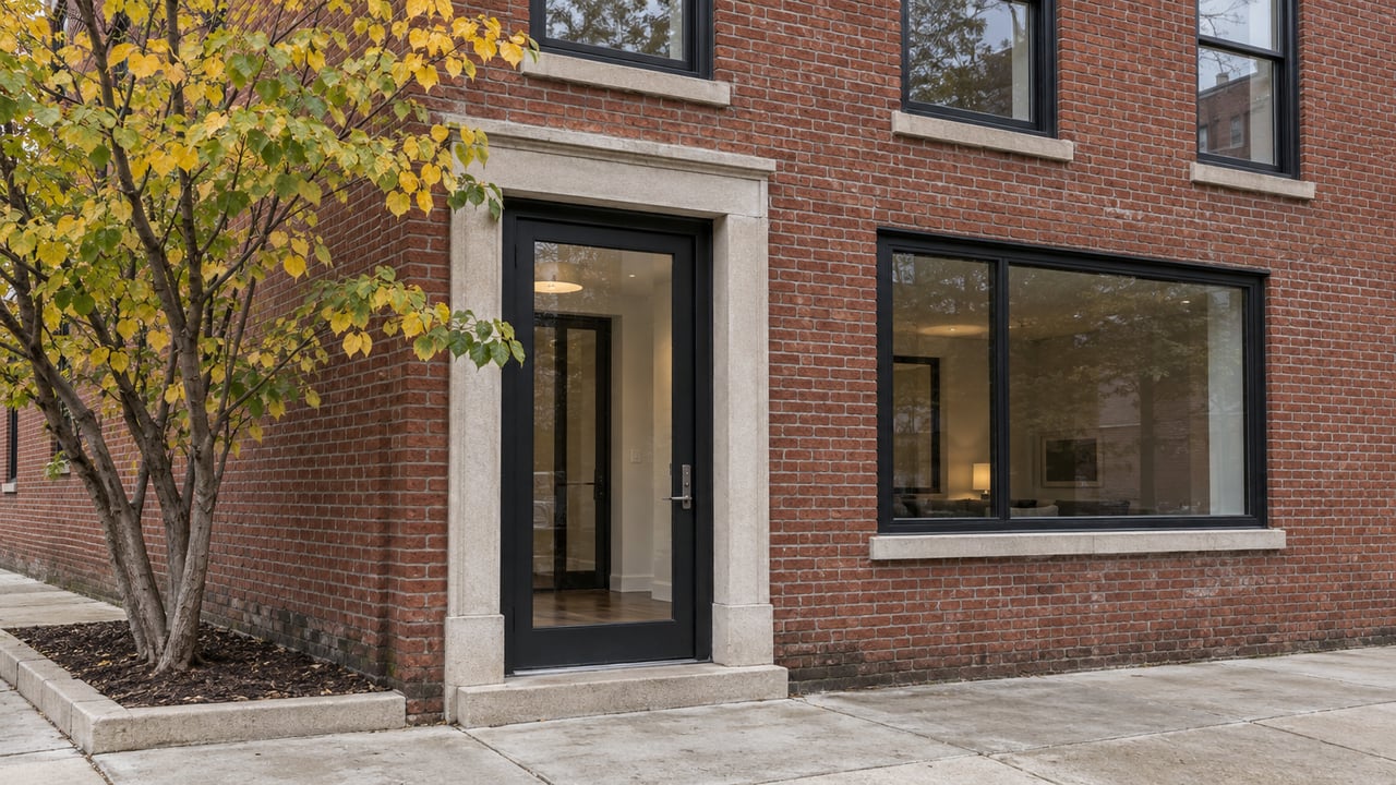 Red-brick residential corner with black-framed windows, a glazed entry, and a partly yellow, partly green tree.