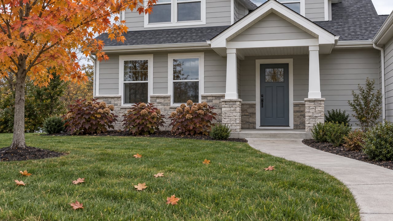 Pale-gray gabled home with a blue front door, deep autumn lawn, curved concrete walk and orange maple leaves.