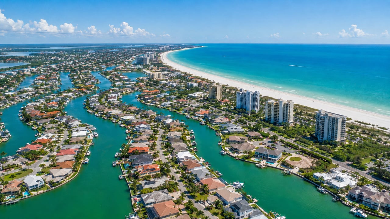 Aerial view of Marco Island, Florida, showing canals, beaches and the Gulf