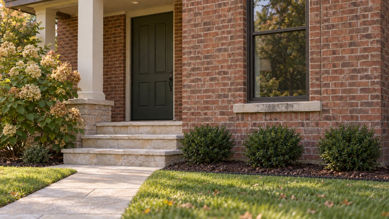 Stone steps lead from a brick facade toward a limestone path bordered by lawn.