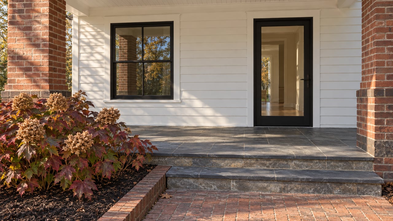 Updated home entry with black-framed glazing, red brick porch piers, slate steps and burgundy oakleaf hydrangea.