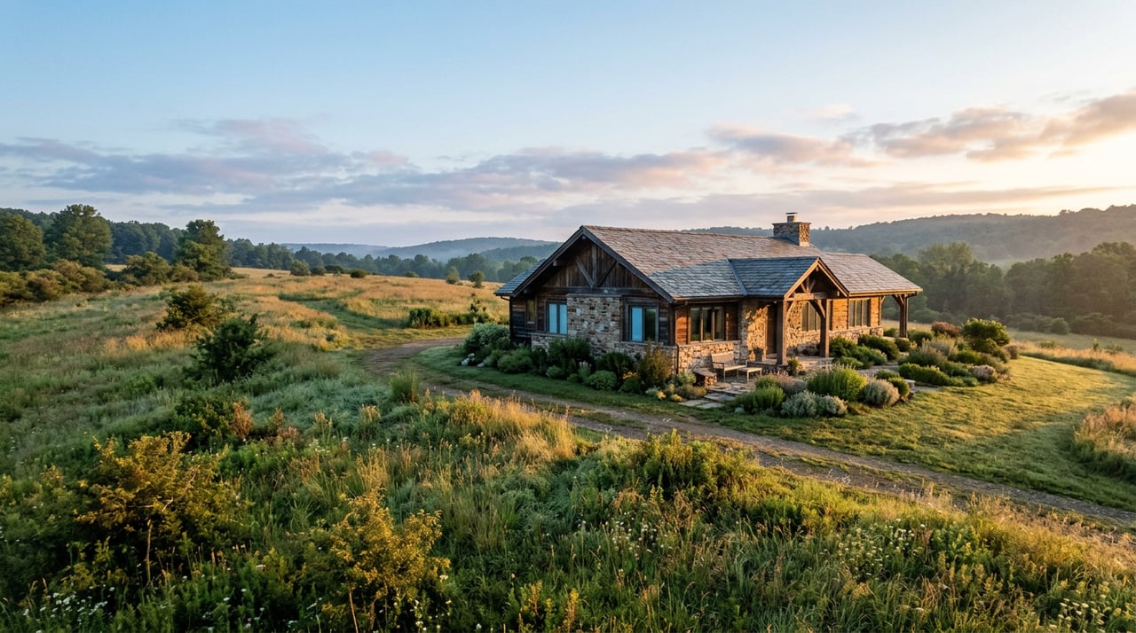 Stone-and-timber home set back beyond an unmowed meadow, with a curving gravel track in the foreground.