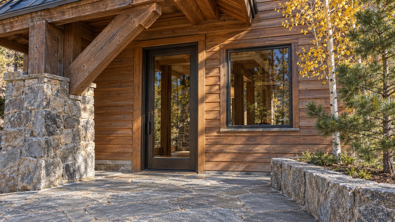 Sunlit timber entry and granite stonework beside a glazed door, cedar siding and gold autumn leaves.