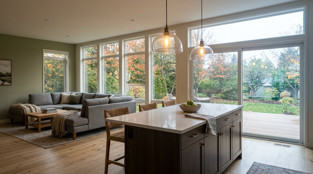 Open-concept kitchen with a white shaker island and window wall overlooking a red-edged dogwood and fading hydrangeas.