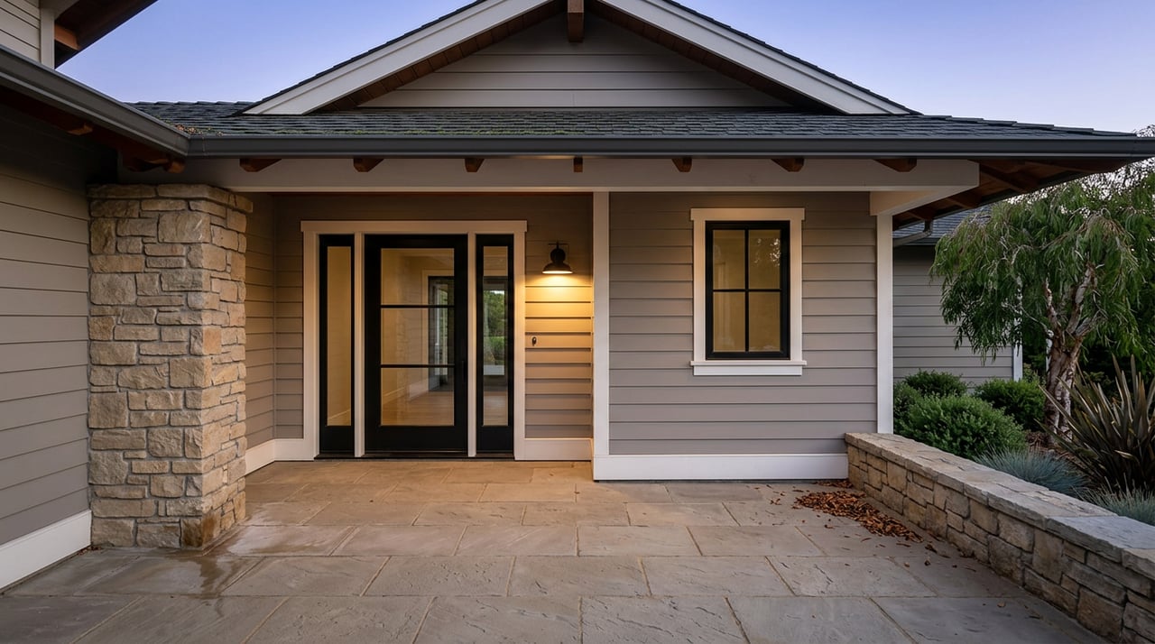 Coastal home entry with a black metal sconce, stacked-stone pier, gray siding, and dusk light beneath the gable.