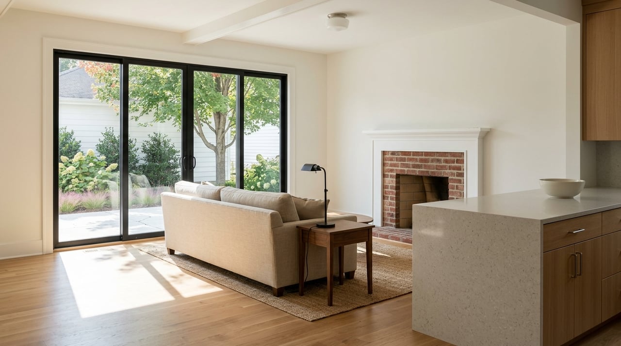 Open-plan living room with a brick fireplace, oak floor, and sliding glass door overlooking a patio and planting bed.