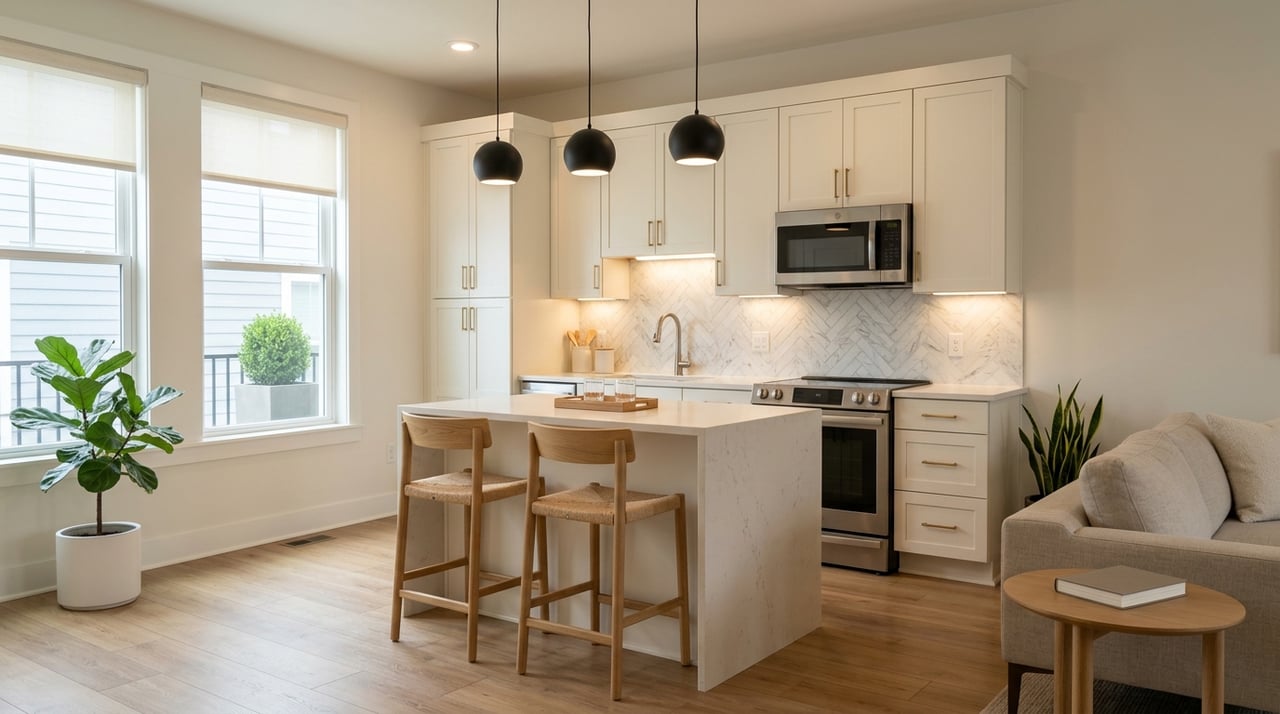 Compact open-plan kitchen and living area with bright renovated finishes and minimal staging.
