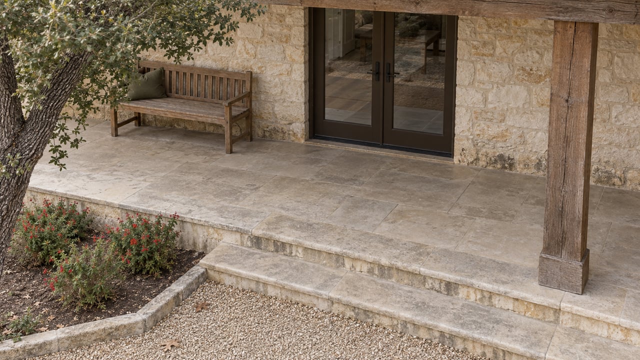 Elevated view of a limestone ranch-house porch with paired glass doors, an oak bench, broad stone steps and red-flowering sage beside a gravel landing.