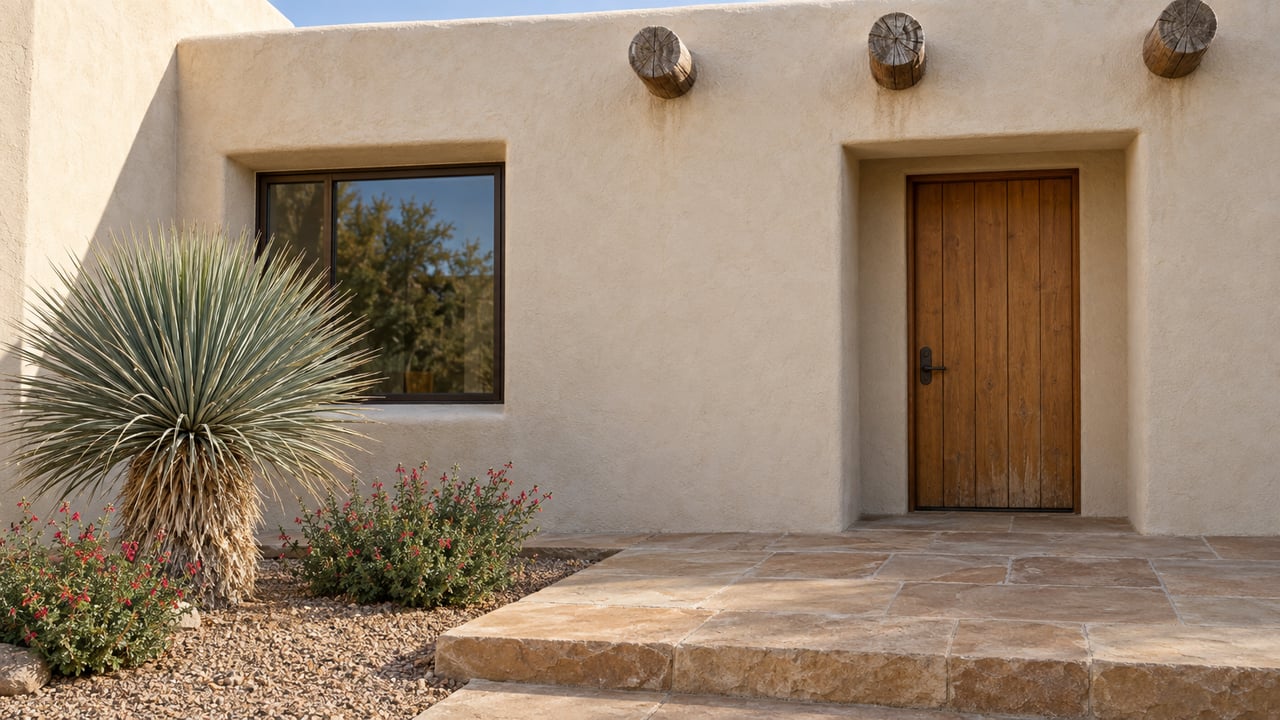 Southwestern-style home entrance with a wooden door, stone paving, and desert landscaping.