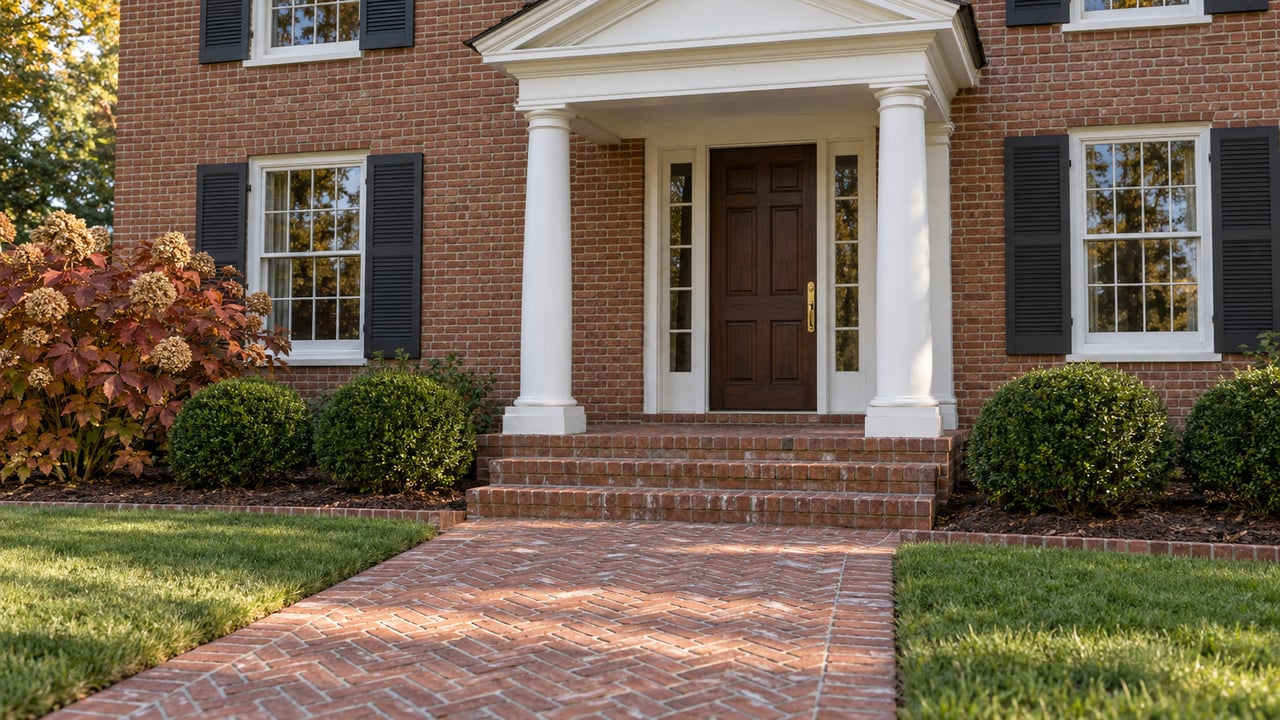 Red brick home entrance with white columns, a walnut door, worn brick steps and autumn oakleaf hydrangeas beside a broad brick walk.