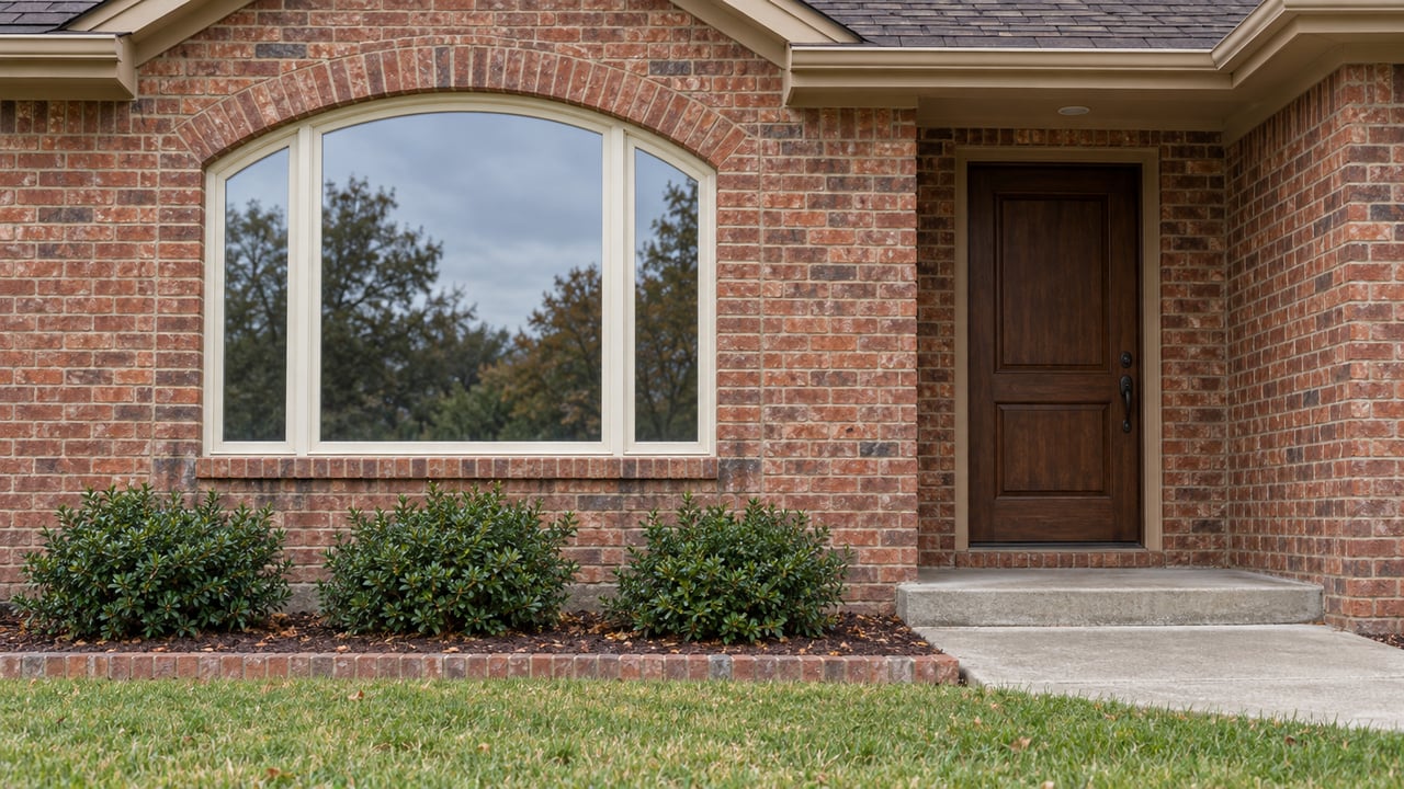 Red-brown brick house facade with an arched window, recessed wood door, edged planting bed and established lawn in soft morning light.