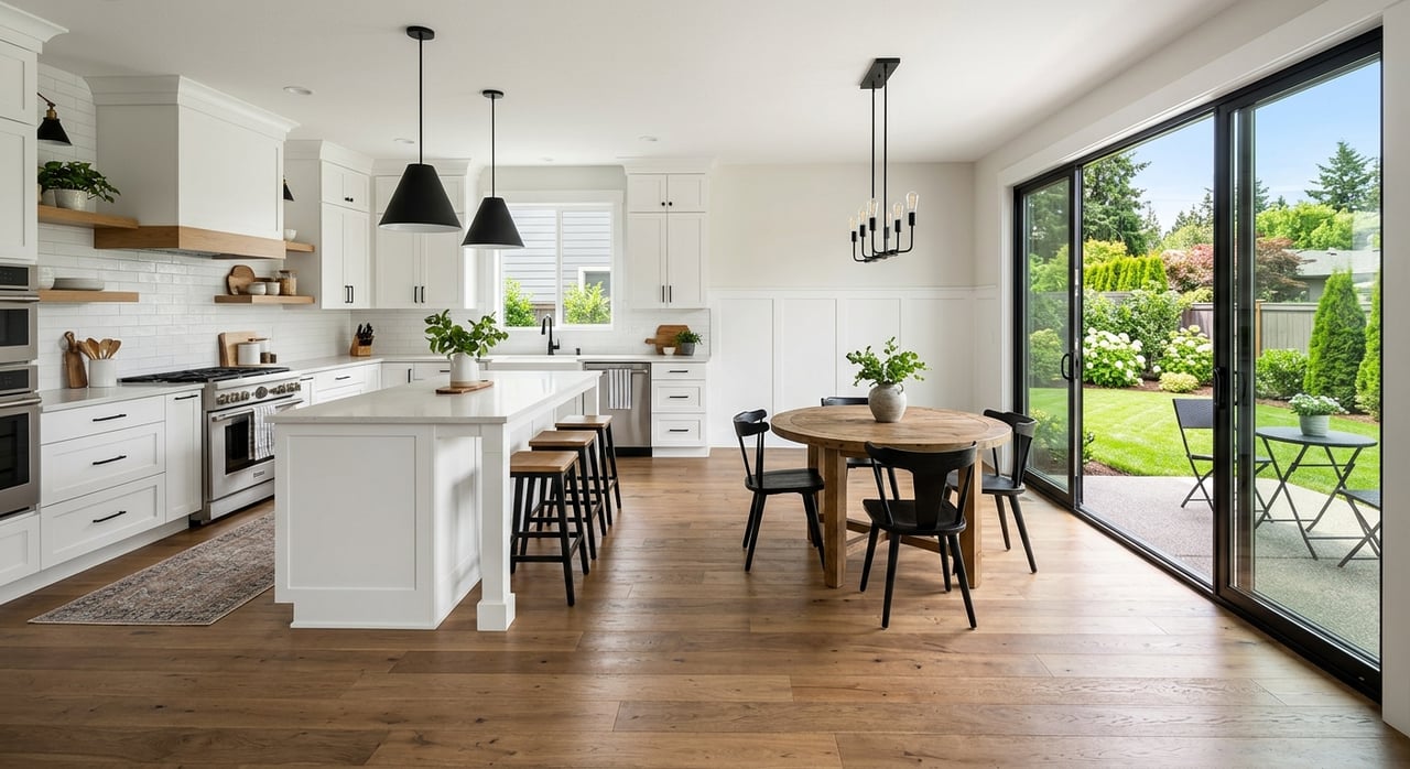 Open-plan kitchen with a white waterfall-edge island, black pendants, and sliding glass doors overlooking a lawn.