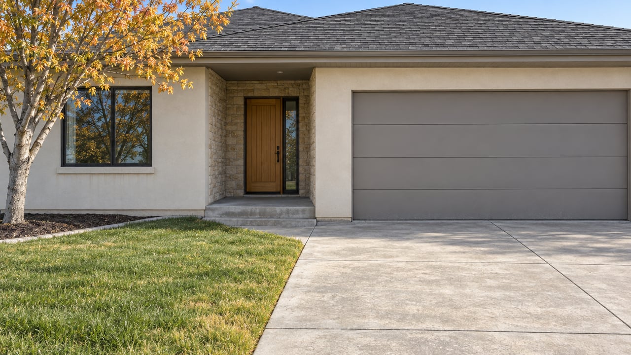A newer single-story house with pale stucco, a stone-lined entry, a broad garage and an autumn serviceberry beside the concrete approach.