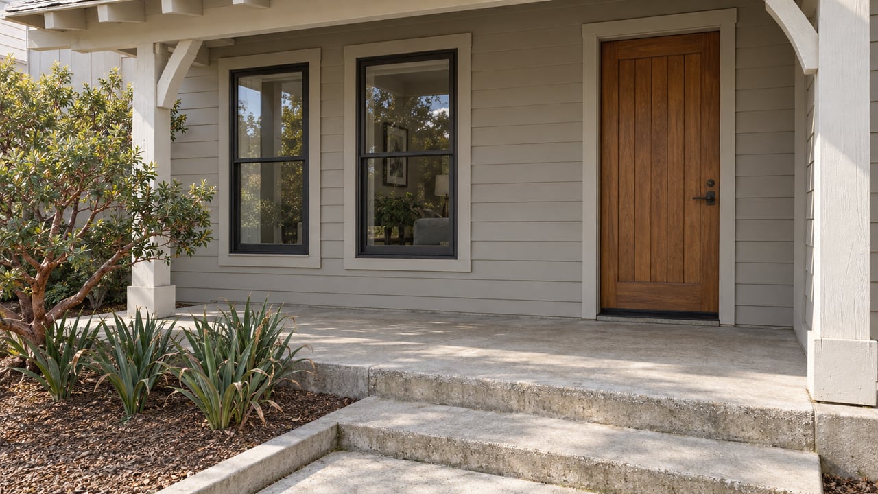 A shaded porch with light gray lap siding, a wood entry door, tall windows and broad concrete steps beside a sculptural manzanita.