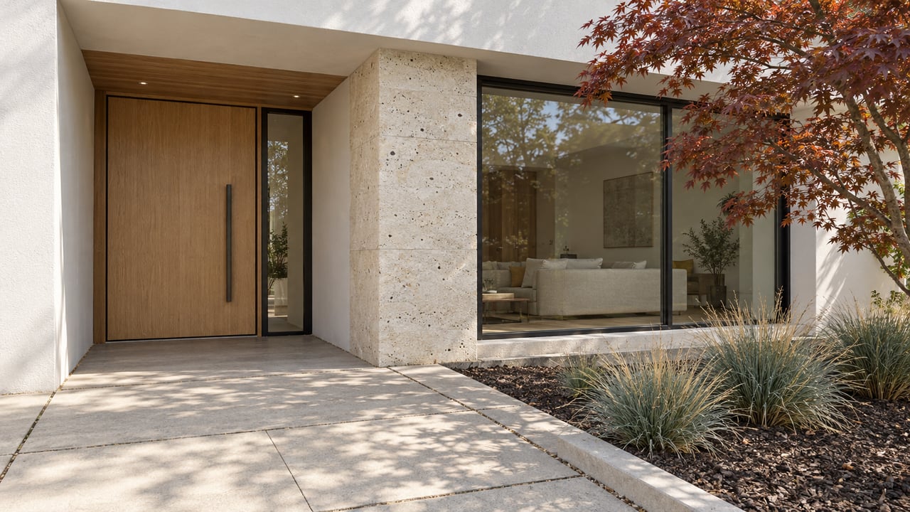 Modern home's sheltered oak entry beside limestone cladding and a broad window, with a red-leaf Japanese maple shading the paved approach.