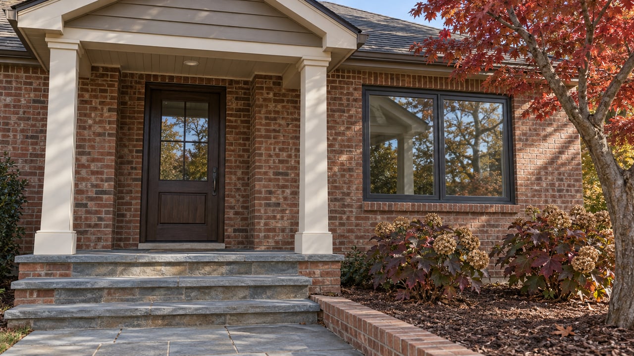Brick home entry with cream porch columns, bluestone steps, a dark oak door and burgundy autumn planting.