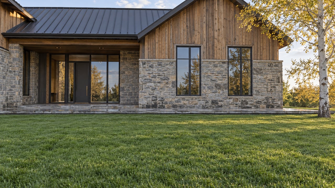 Stone-and-timber estate beyond a broad lawn, with a recessed entry, dark-framed windows, and an aspen at right.
