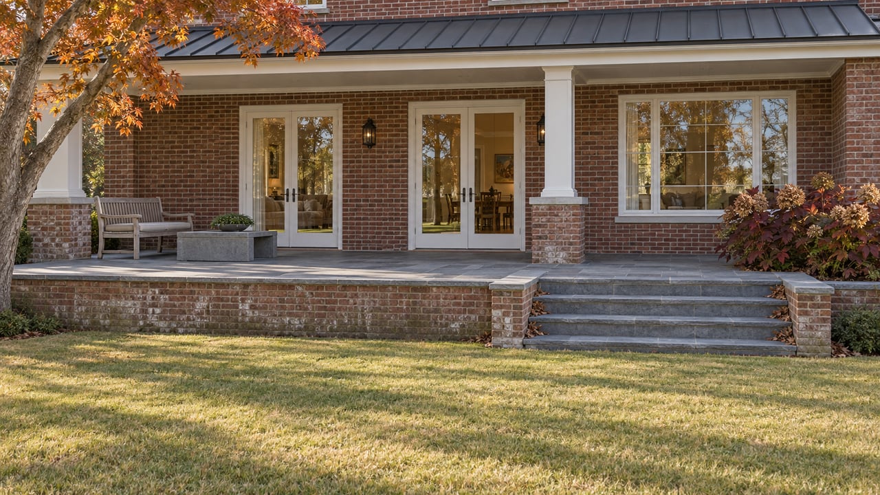Brick home with white-trimmed glass doors, a covered limestone terrace, broad stone steps and an autumn lawn.