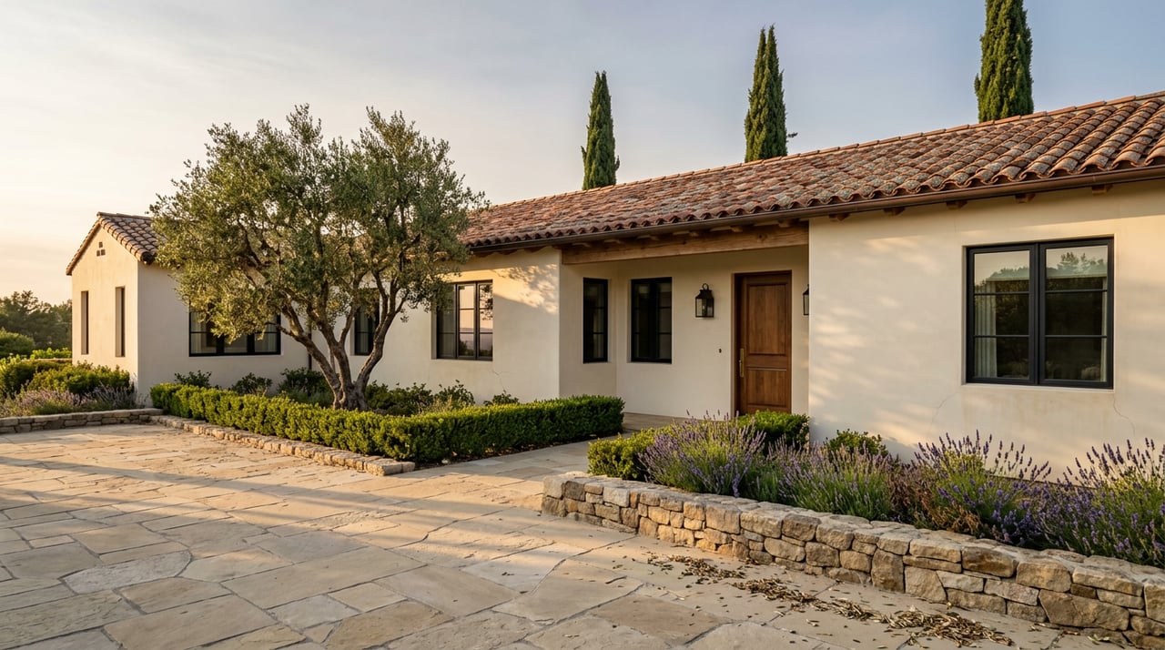 Hacienda-style home with terracotta roof and cedar loggia, framed by an olive tree and cypress in evening light.