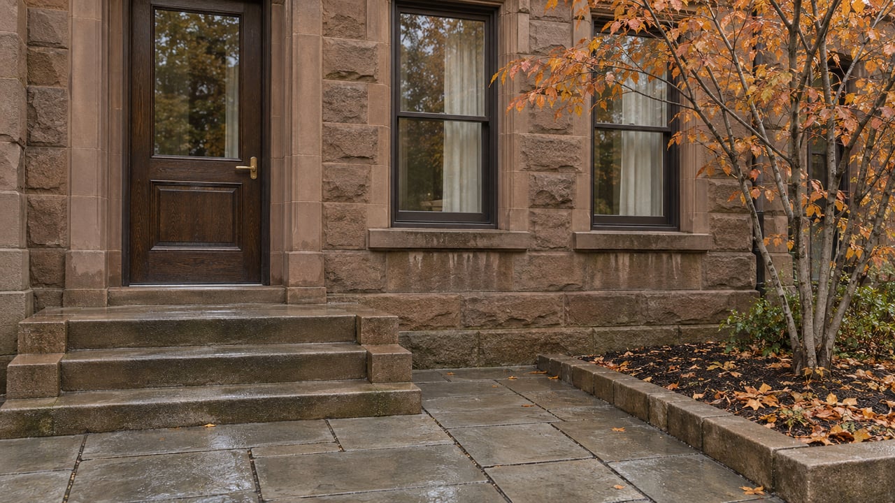 Rain-darkened sandstone townhouse entrance with worn stone steps, bronze-framed windows and a copper-leaved serviceberry.